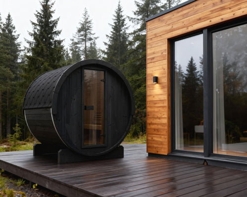 SaunaLife E7B black barrel sauna on a deck beside a wood-clad house.