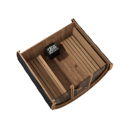 SaunaLife E7G barrel sauna overhead cutaway showing facing benches and heater.