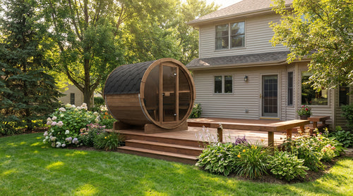 SaunaLife E7G natural-wood barrel sauna on a deck beside a house.