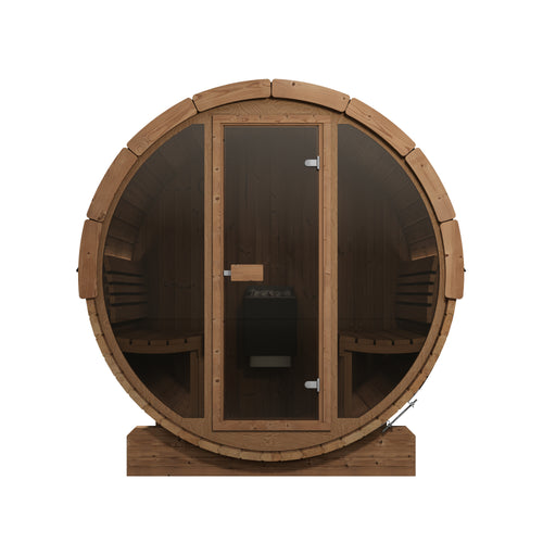 SaunaLife E7G natural-wood barrel sauna with full glass front, straight-on front view.