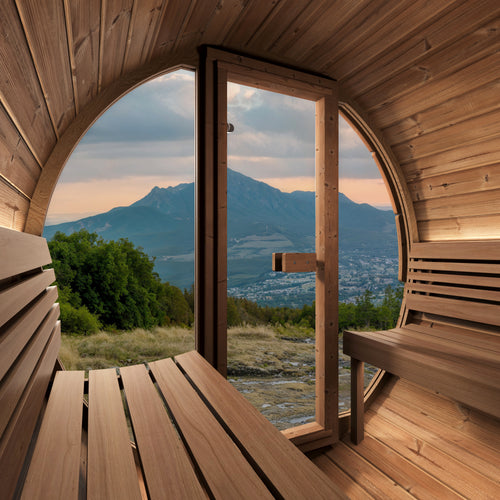 SaunaLife E7G barrel sauna interior looking through full glass front toward mountains.