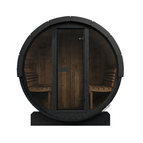 SaunaLife E7GB black barrel sauna with full glass front, straight-on front view.