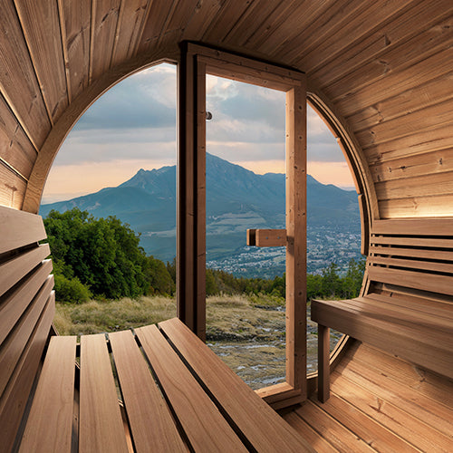 SaunaLife E7GB barrel sauna interior looking through full glass front toward mountains.