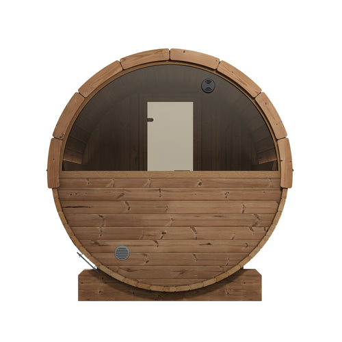 SaunaLife E7W natural-wood barrel sauna, rear view with semicircular window.
