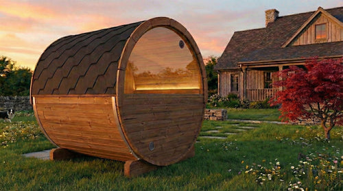 SaunaLife E7W natural-wood barrel sauna beside a house at sunset, showing semicircular rear window.