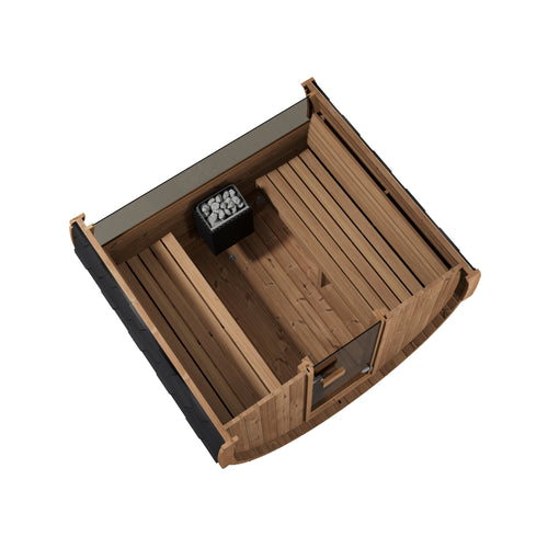 SaunaLife E7W barrel sauna overhead cutaway showing facing benches and heater.