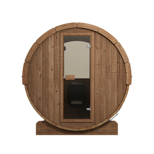 SaunaLife E7W natural-wood barrel sauna with glass entrance door, straight-on front view.
