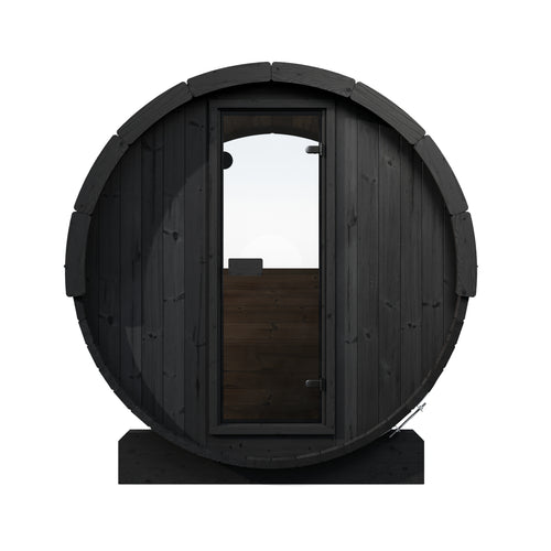 SaunaLife E7WB black barrel sauna with glass entrance door, straight-on front view.
