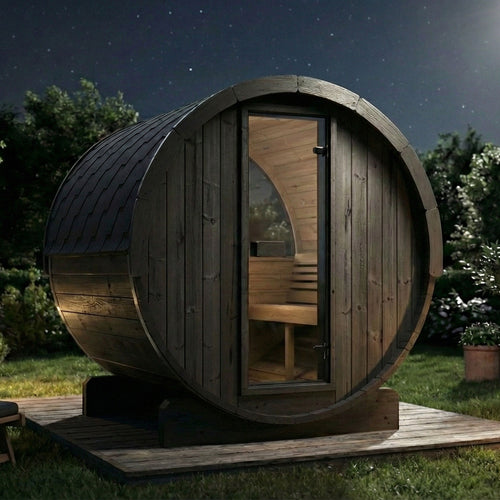 SaunaLife E7WB black barrel sauna with illuminated interior in a garden at night.