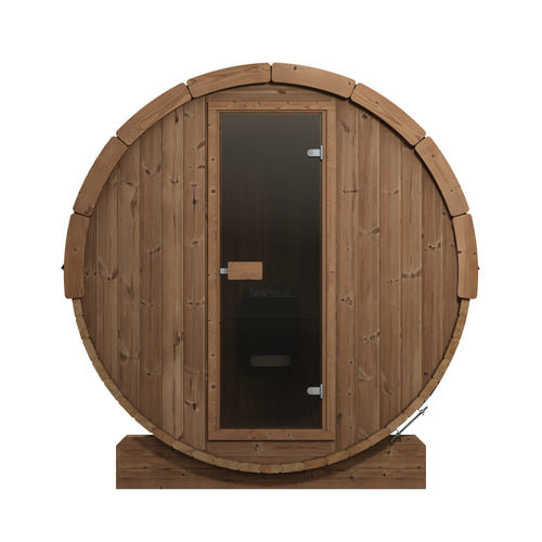 SaunaLife E8 natural-wood barrel sauna with glass entrance door, straight-on front view.