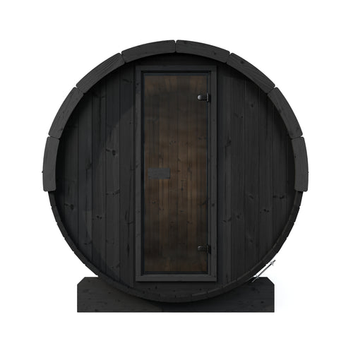 SaunaLife E8B black barrel sauna with glass entrance door, straight-on front view.