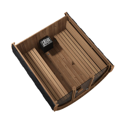 SaunaLife E8GB barrel sauna overhead cutaway showing facing benches and heater.