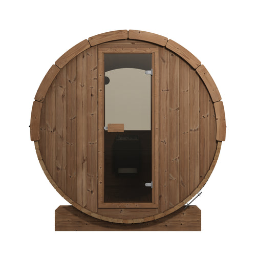 SaunaLife E8W natural-wood barrel sauna with glass entrance door, straight-on front view.
