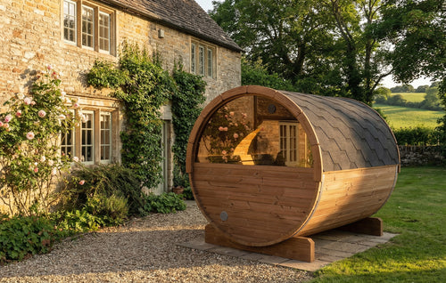 SaunaLife E8W natural-wood barrel sauna beside a stone house, showing semicircular rear window.