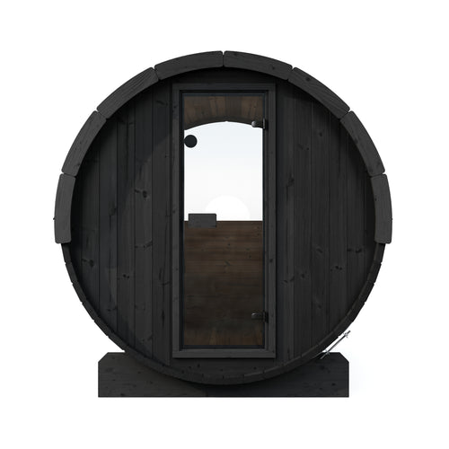 SaunaLife E8WB black barrel sauna with glass entrance door, straight-on front view.