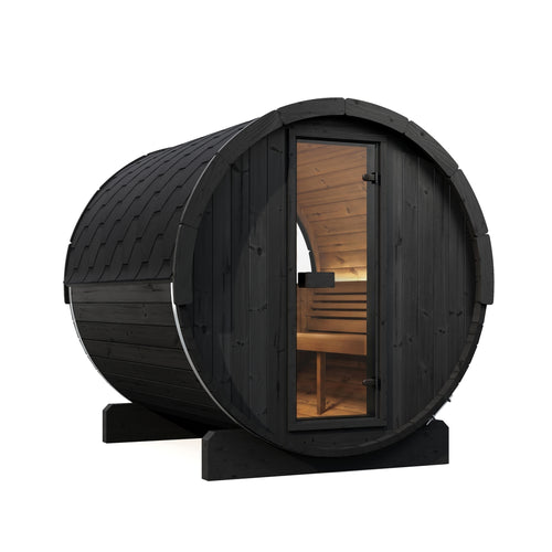 SaunaLife E8WB black barrel sauna with warm interior lighting, front-left view.