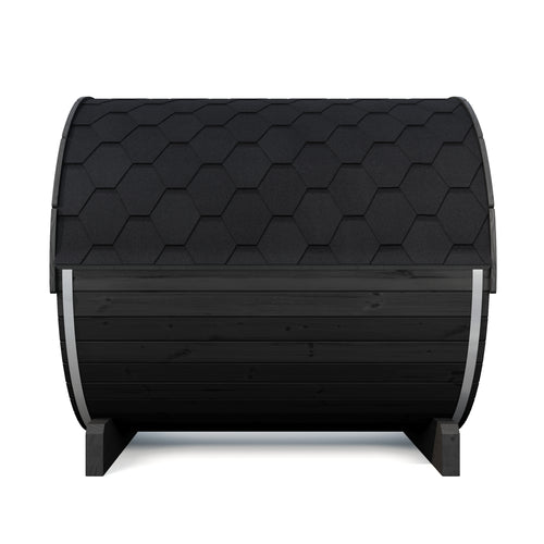 SaunaLife E8WB black barrel sauna, side view of wood siding and black shingle roof.