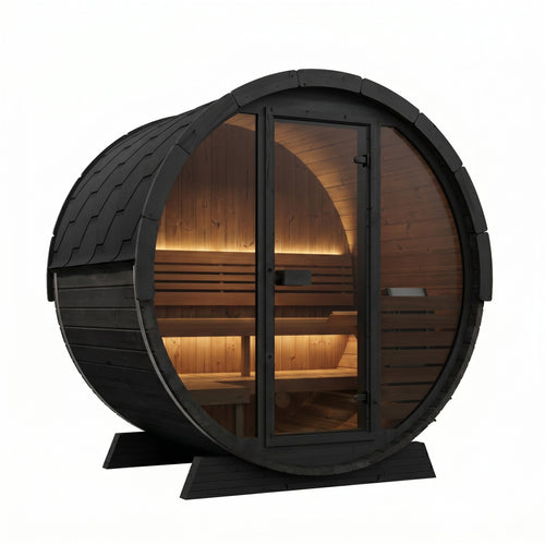 SaunaLife EE6GB black barrel sauna with warm interior lighting, front-left view.