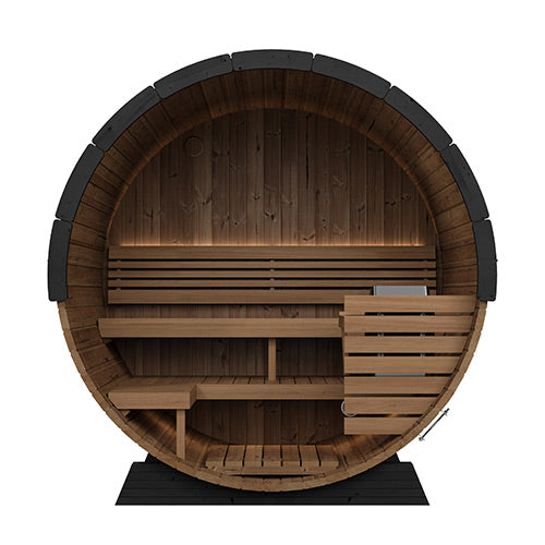 SaunaLife EE6GB barrel sauna front cutaway showing stepped bench and heater guard.
