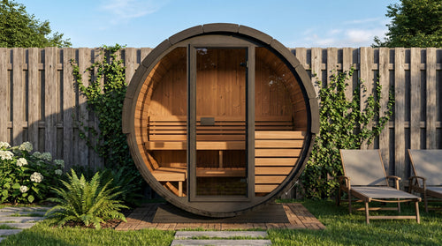 SaunaLife EE6GB barrel sauna beside a garden fence.