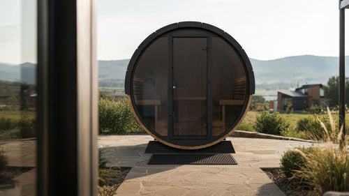 SaunaLife EE8G natural-wood barrel sauna on a patio beside a modern house.