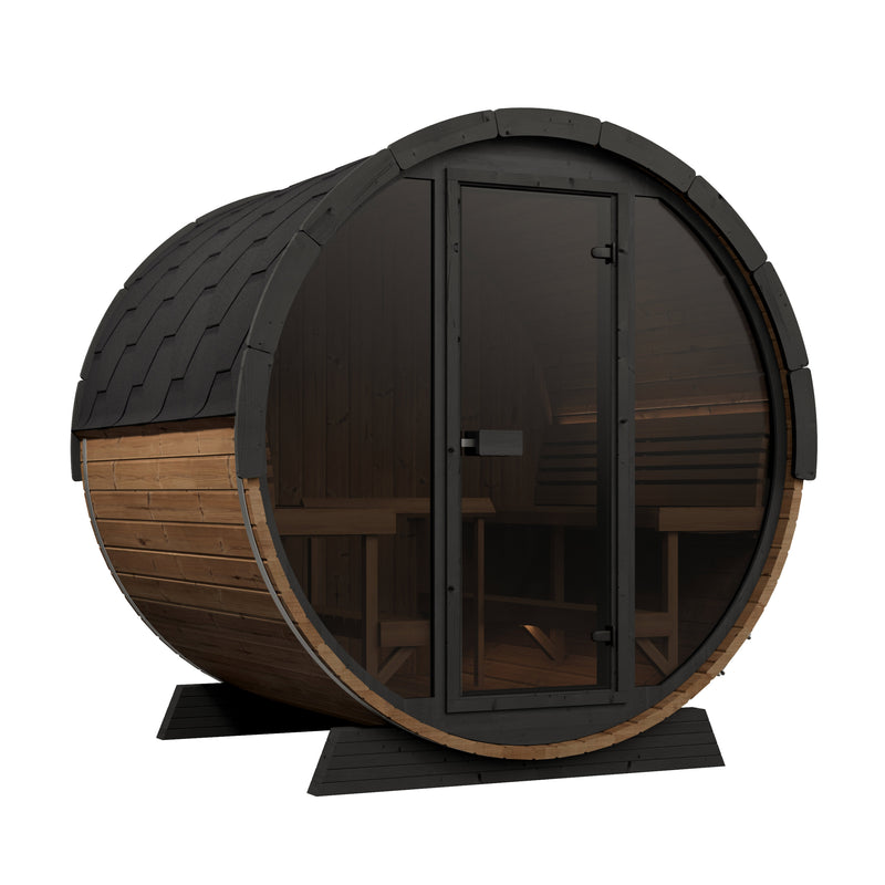 SaunaLife EE8G natural-wood barrel sauna with glass front and dark trim, front-left exterior view.