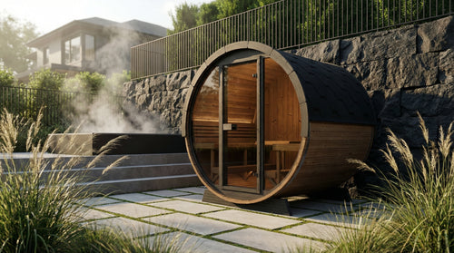 SaunaLife EE8G natural-wood barrel sauna beside stone garden steps.