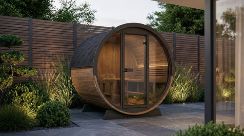 SaunaLife EE8G natural-wood barrel sauna beside a garden fence.