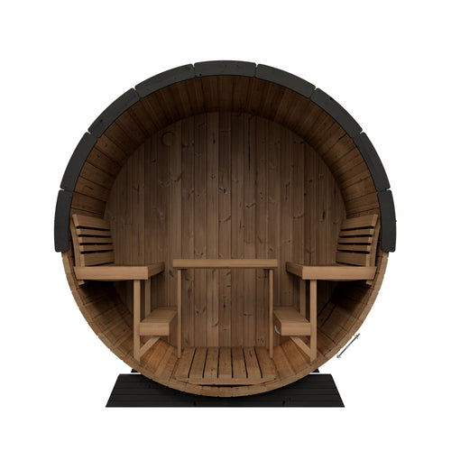 SaunaLife EE8G barrel sauna front cutaway showing facing benches.