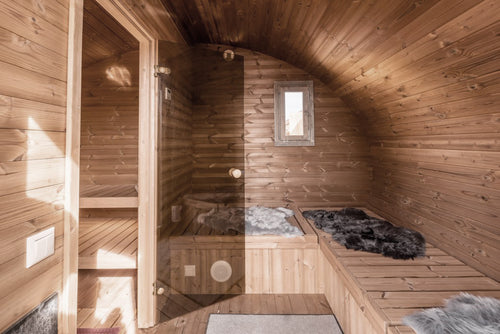 SaunaLife G11 sauna room interior showing benches and heater.