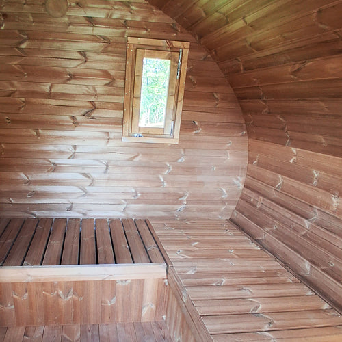 SaunaLife G11B sauna room interior with small rectangular window and wood benches.