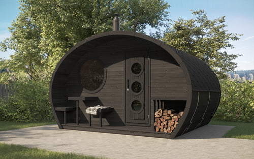 SaunaLife G11B black oval sauna suite on a garden patio.