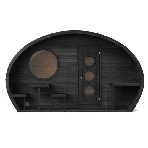 SaunaLife G11B black oval sauna suite, straight-on front view.