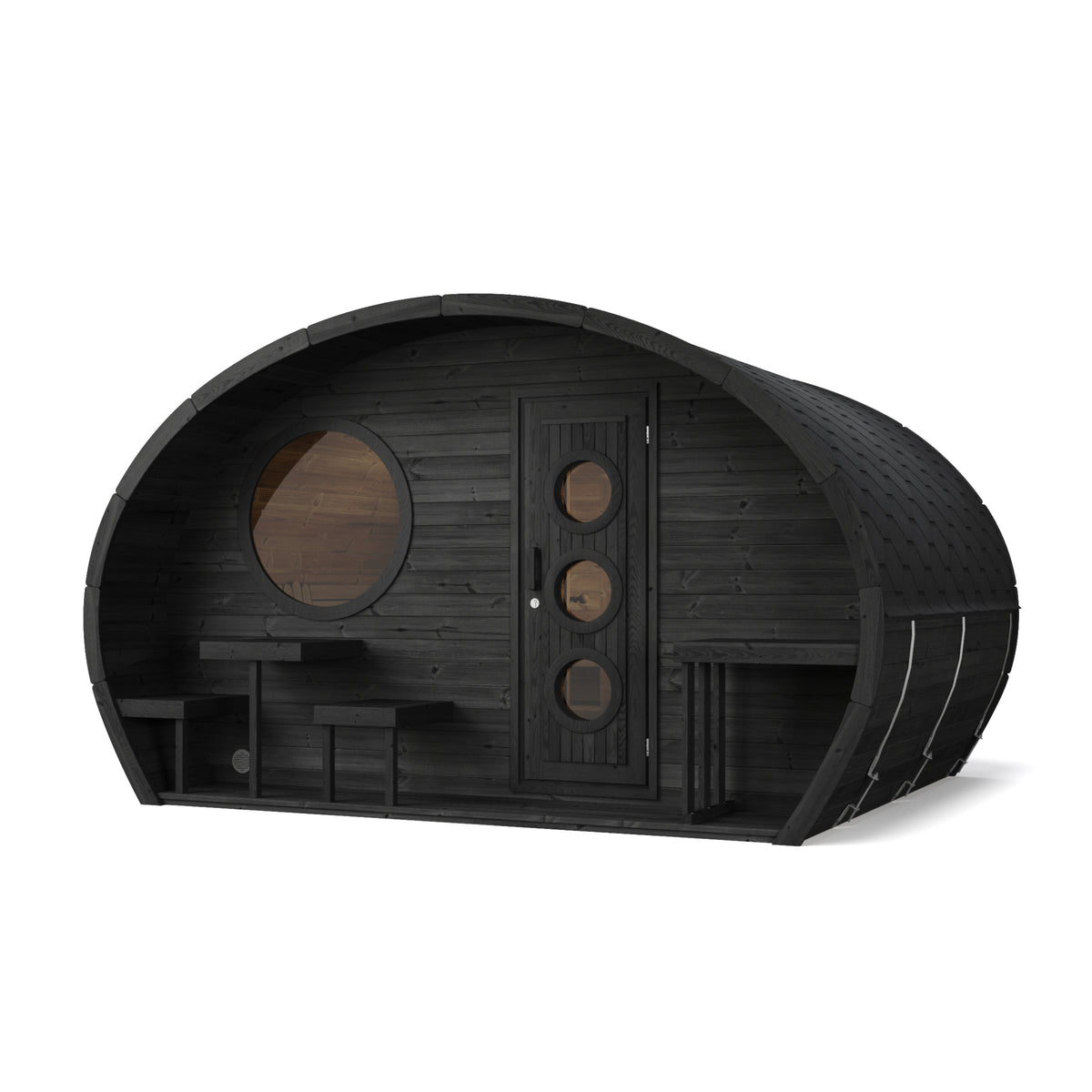SaunaLife G11B black oval sauna suite with porch benches and porthole windows.