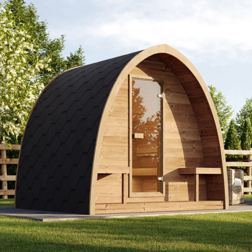 SaunaLife G3 natural-wood arched garden sauna beside a lawn.