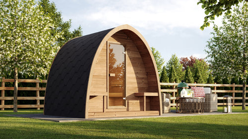 SaunaLife G3 natural-wood arched garden sauna beside garden seating.
