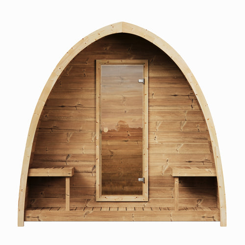 SaunaLife G3 natural-wood arched garden sauna, straight-on front view.