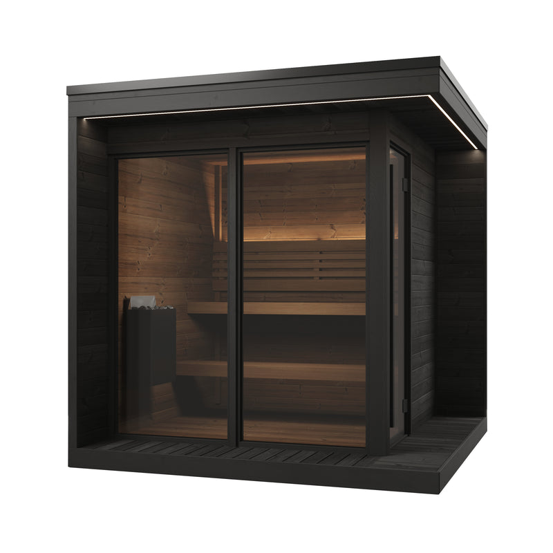 SaunaLife GL6B black garden sauna with front and side glazing, front-right exterior view.