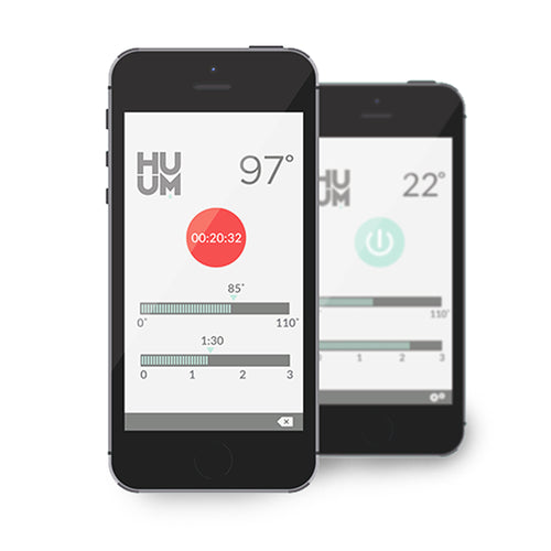 HUUM uKU Wi-Fi app on two phones with timer and temperature screens.
