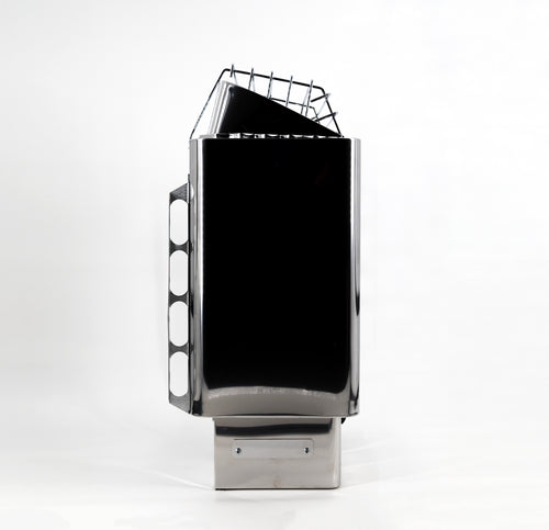 Left-side profile of the Harvia KIP stainless-steel sauna heater.