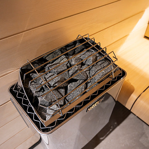 Harvia KIP W-series stone basket and wire guard viewed from above.