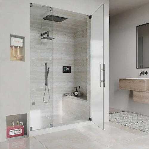 ThermaSol PRO III steam generator shown installed beside a glass-enclosed shower