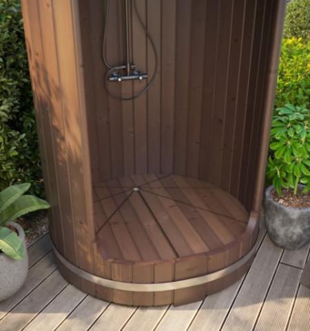 Lower section of a SaunaLife R3 wood barrel shower showing the slatted floor and fixtures.