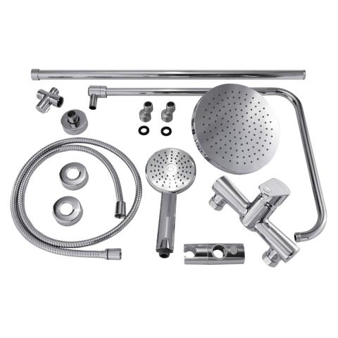SaunaLife R3 chrome shower fixtures and installation components laid out separately.