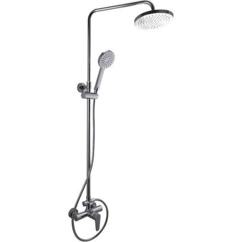 SaunaLife R3 shower assembly with round overhead rain head, hand shower and mixer.