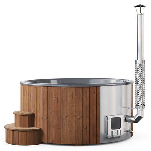 SaunaLife S6N natural-wood wood-burning hot tub with two entry steps and tall chimney.