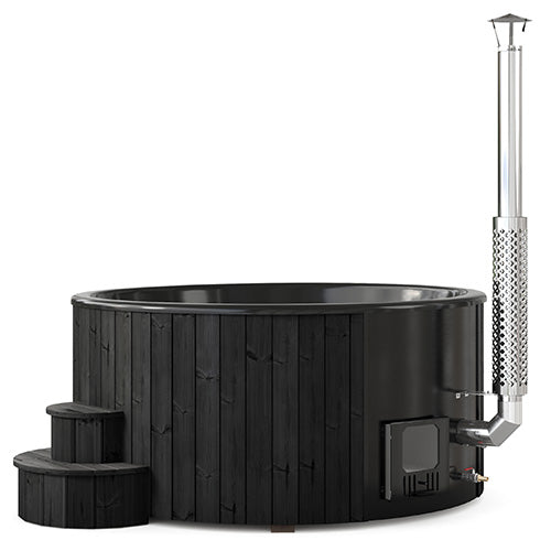 SaunaLife S6B black wood-burning hot tub with two entry steps and tall chimney.