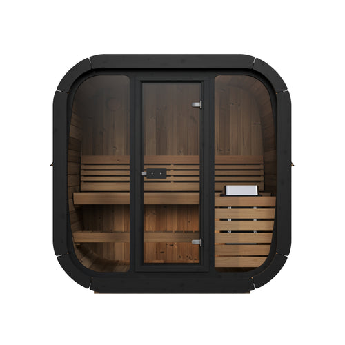 SaunaLife CL4G cube sauna, straight-on glass-front exterior