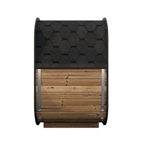 SaunaLife CL4G cube sauna, natural-wood side exterior and shingle roof