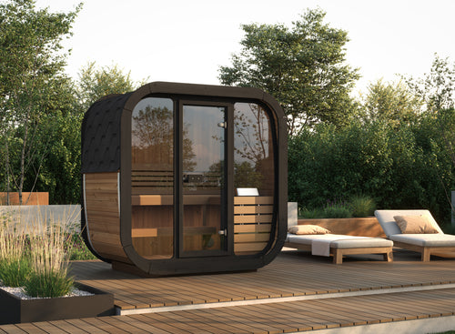 SaunaLife CL4G cube sauna with natural wood exterior on an outdoor patio